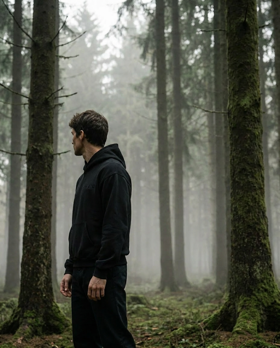 Man in a black hoodie standing in a foggy forest
