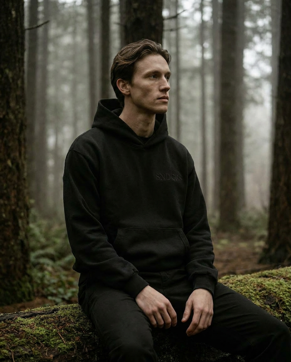 Person wearing a black hoodie sitting on a log in a forest