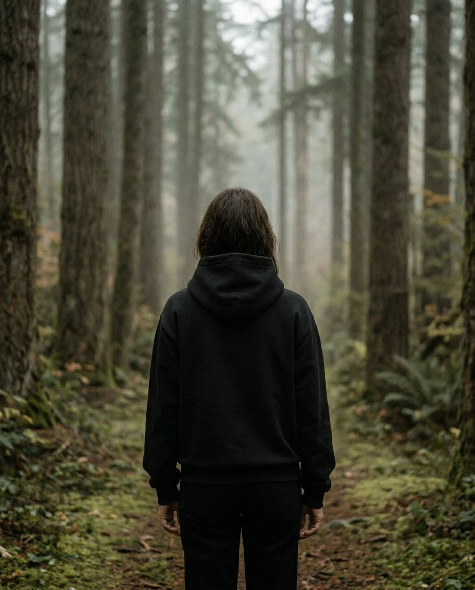 Person wearing a black hoodie standing in a foggy forest