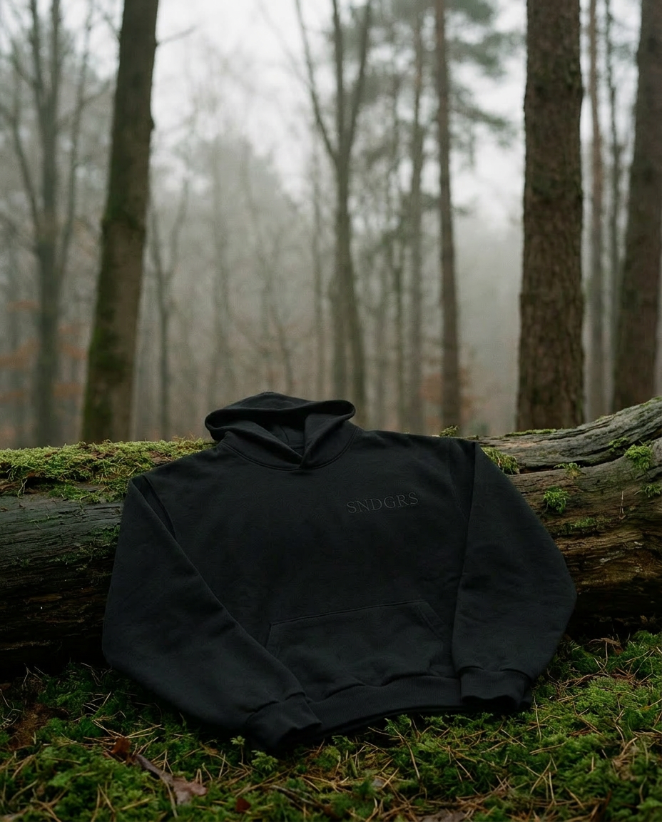 Black hoodie with branding on a log in a forest setting