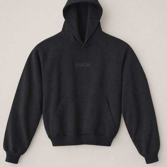 STILL. Volume 001 black heavyweight pullover rotating through front, side, and back views.